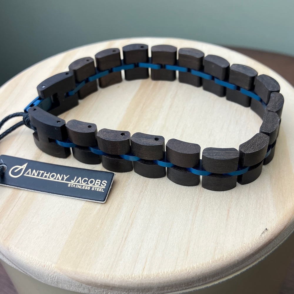 Anthony Jacobs Wood & Blue Steel Men's Bracelet NWT